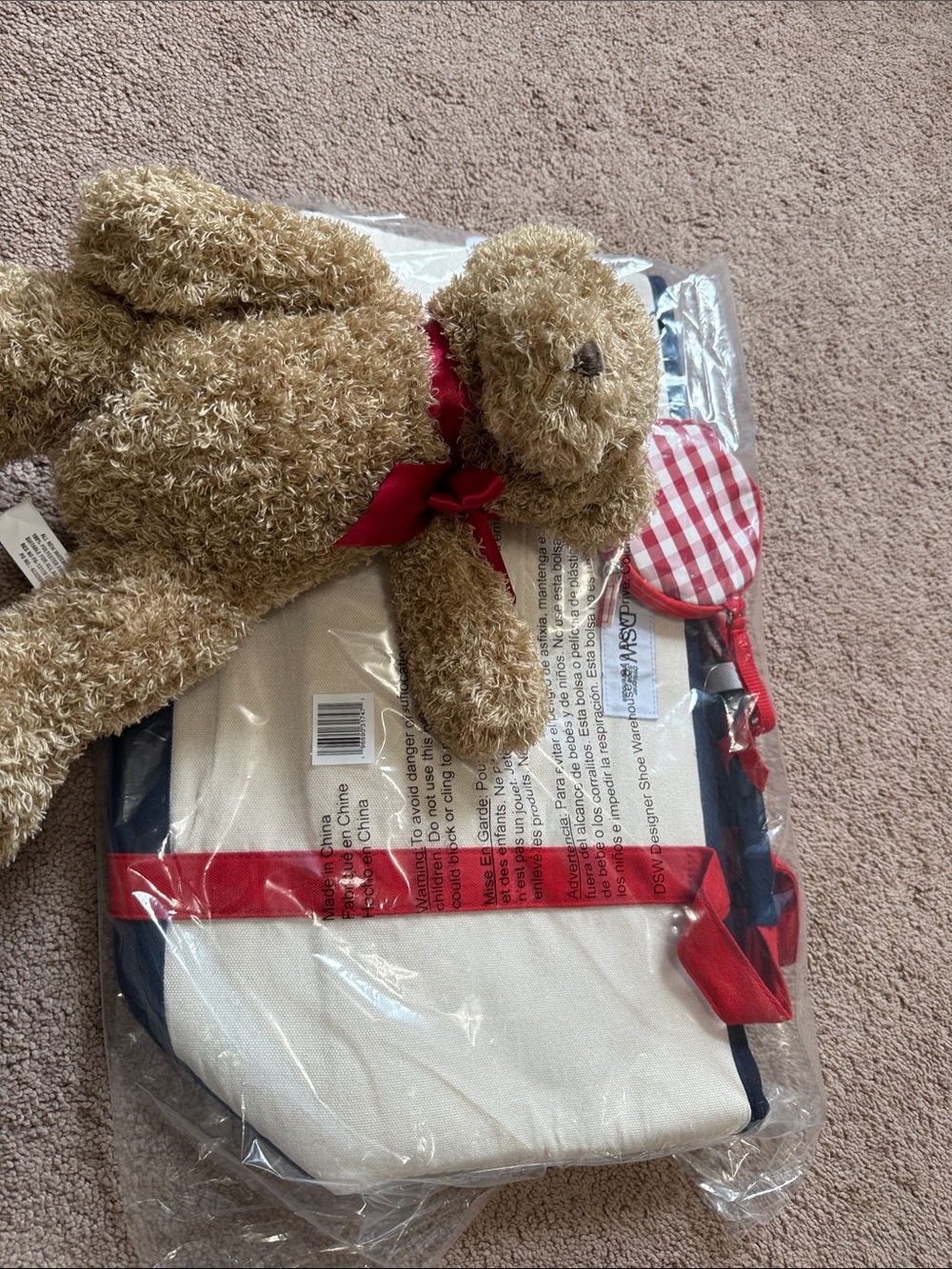 DSW Canvas Tote Bag with Red Trim and Navy Accents